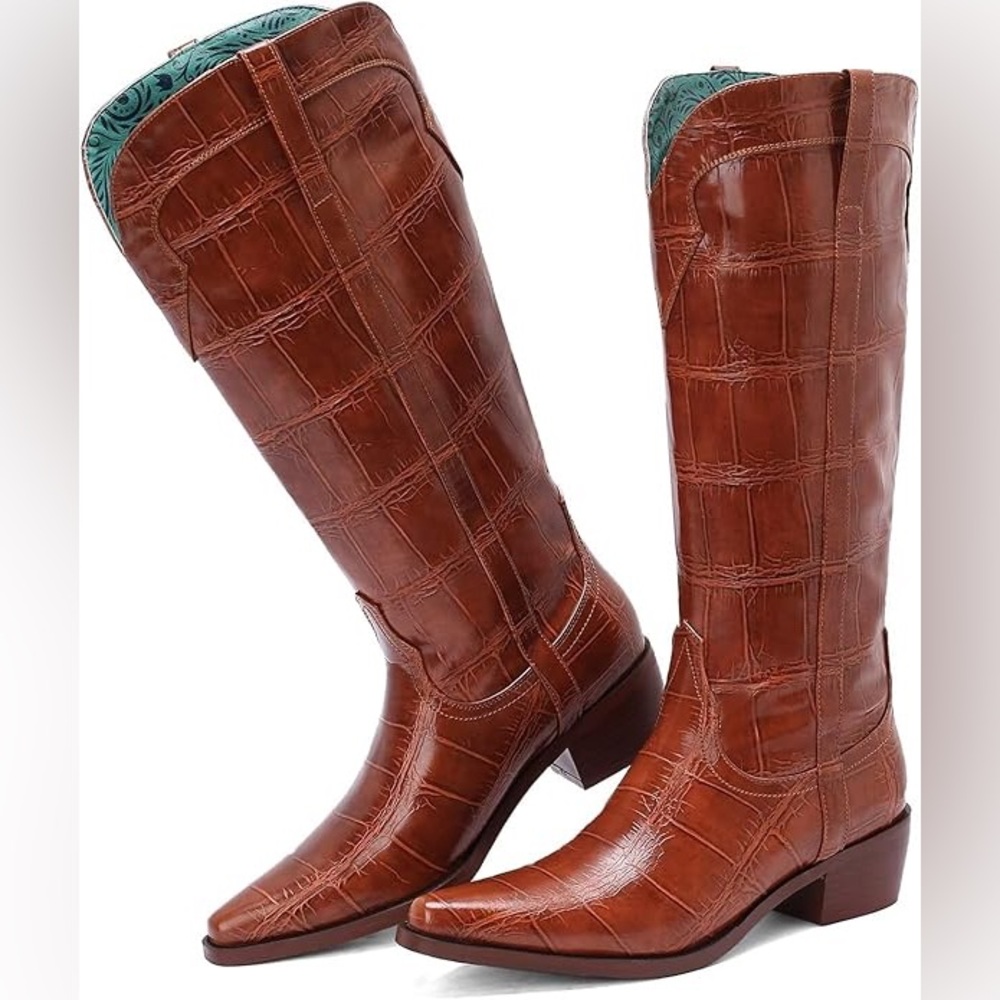 Faux leather Brown Crocodile Pattern Knee-High Boots
